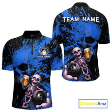 Load image into Gallery viewer, Bowlling jersey with skeleton design and 'Team Name' text on a blue and black background, featuring Chiptee Amz branding.