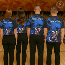 Load image into Gallery viewer, Custom Skeleton Beer Bowling Jersey, Blue Splatter Skull Polo &amp; Quarter-Zip Shirt Gift For Men NHT1167