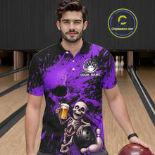 Load image into Gallery viewer, Man wearing a purple and black bowling-themed shirt with a skeleton holding a beer and bowling ball, standing in a bowling alley.