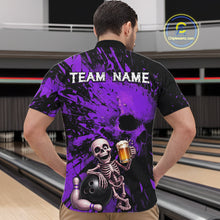 Load image into Gallery viewer, Custom Skeleton Beer Bowling Jersey, Purple Splatter Skull Polo &amp; Quarter-Zip Shirt Gift For Men NHT1168