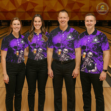 Load image into Gallery viewer, Custom Skeleton Beer Bowling Jersey, Purple Splatter Skull Polo &amp; Quarter-Zip Shirt Gift For Men NHT1168