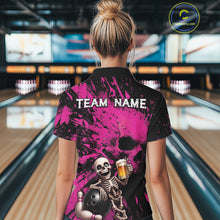 Load image into Gallery viewer, Person wearing a bowling shirt with a skeleton design and 'TEAM NAME' text in a bowling alley.