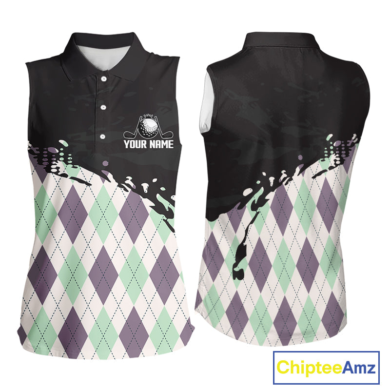 Custom Name Argyle Pattern Print Sleeveless Women Polo Shirt – Stylish Animal Print Golf Polo For Womens NHT857