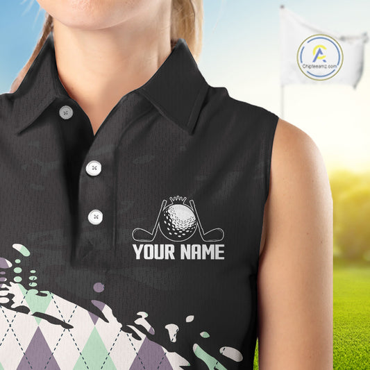 Custom Name Argyle Pattern Print Sleeveless Women Polo Shirt – Stylish Animal Print Golf Polo For Womens NHT857