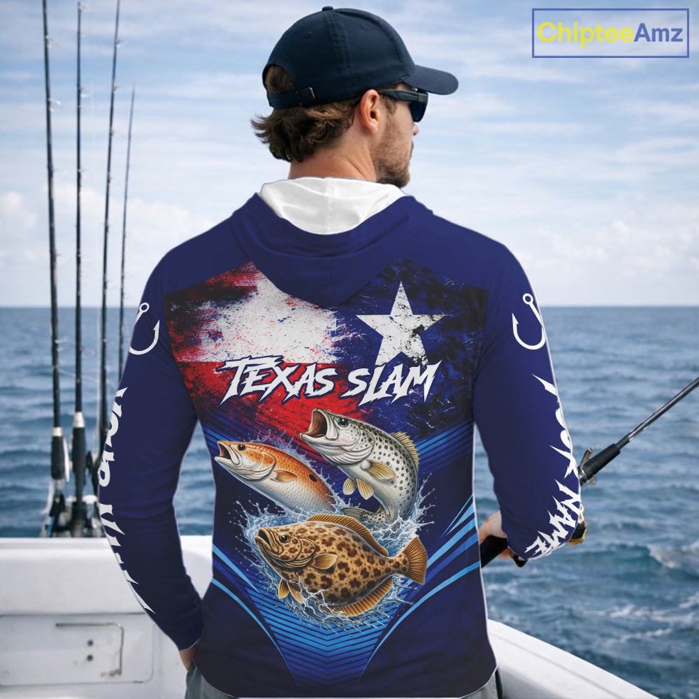 Texas Slam Redfish, Trout, Flounder Custom Fishing Shirts Long Sleeve Hooded, Texas Flag Fishing Shirt NHT505