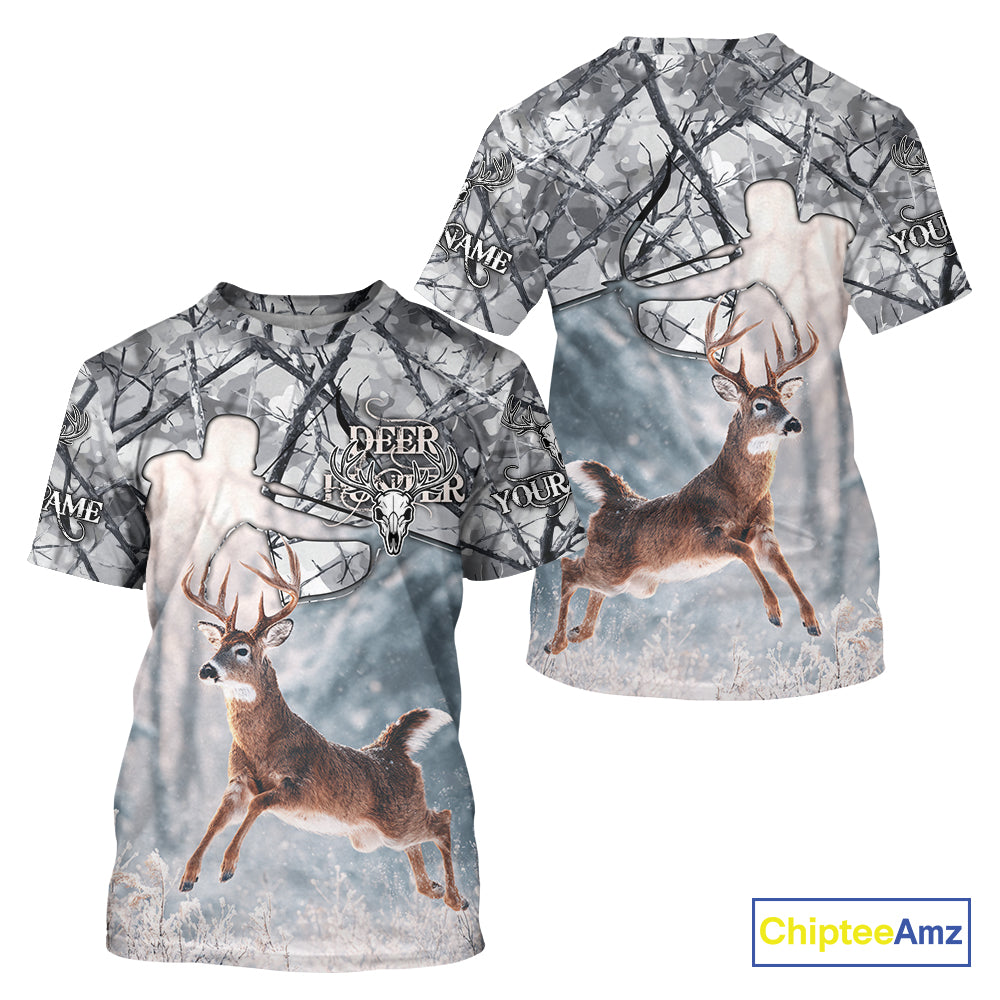 Beautiful Deer Hunting Shirt Camo Gray 3D Full Body Jumping Whitetail Deer Custom Name NHT94