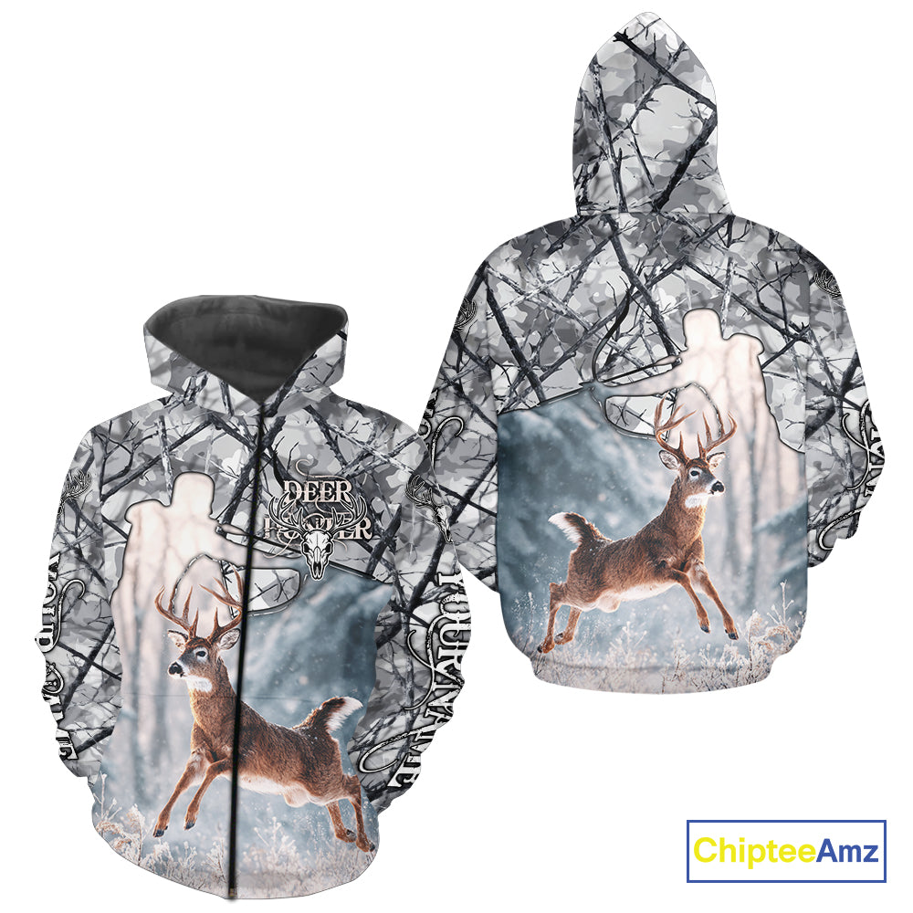 Beautiful Deer Hunting Shirt Camo Gray 3D Full Body Jumping Whitetail Deer Custom Name NHT94