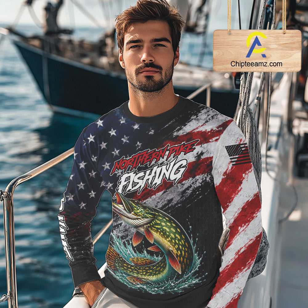 American Flag Northern Pike Fishing Shirt For Men, Personalized Northern Pike Fishing Apparel