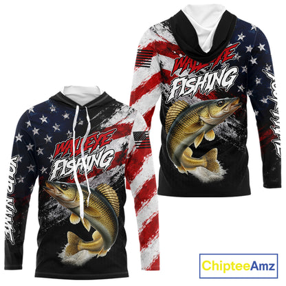 American Flag Walleye Hooded Fishing Shirt For Men, Personalized Walleye Fishing Apparel
