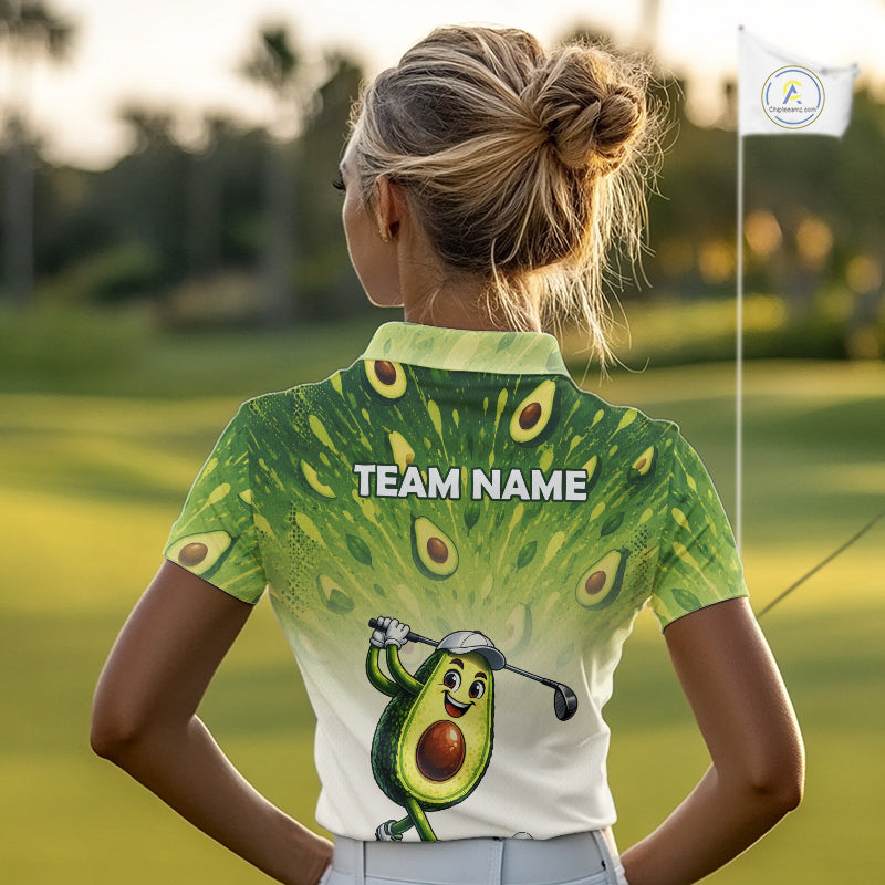 Person wearing a golf shirt with avocado design and 'TEAM NAME' text on a golf course.