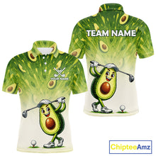 Load image into Gallery viewer, Avocado-themed golf shirt with cartoon avocado character and customizable text on a white background.
