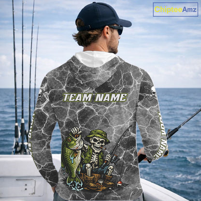 Custom Camo Gray Fish Reaper Skull Bass Hooded Long Sleeve Fishing Shirt, Bass Hunter Fishing Jerseys NHT678
