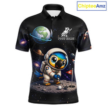 Load image into Gallery viewer, Personalized astronaut parrot mens golf polo shirt, cute space bird golf shirt, front view.
