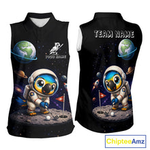 Load image into Gallery viewer, Personalized astronaut parrot womens sleeveless golf polo shirt for golfers, breathable polyester space bird design, casual sport style.