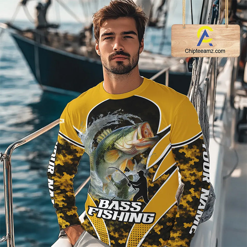 Personalized Bass Fishing Shirts Long Sleeve, UV Protection Shirt Customize Name Fishing | Yellow NHT396