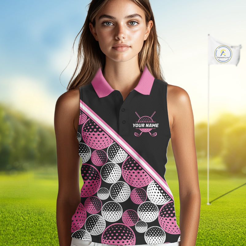 Golf Balls Pink Pattern Womens Sleeveless Golf Polo Shirts Custom Golf Apparel For Familly Team Shirt NHT706