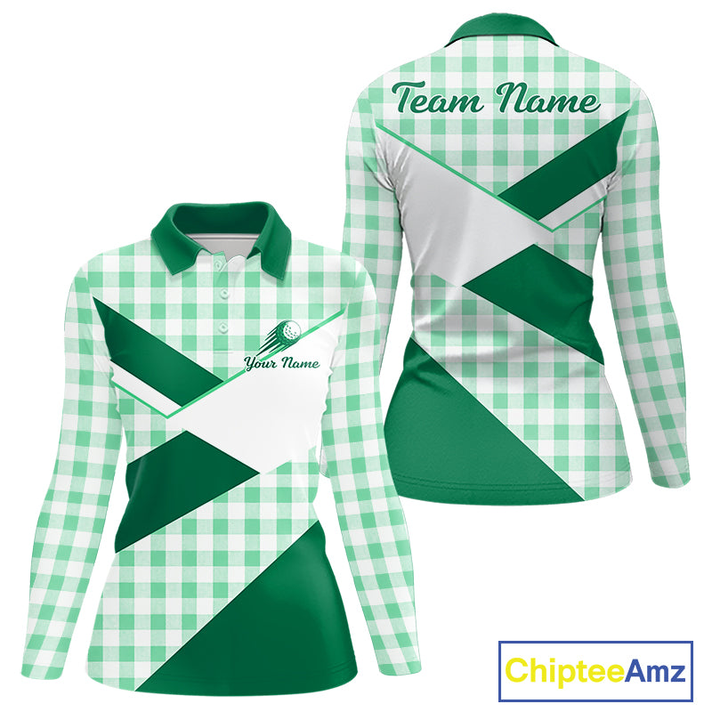 Custom Women’s Green Gingham Plaid Golf Polo Shirts– Personalized Ladies Golf Apparel NHT716