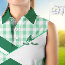 Load image into Gallery viewer, Custom Womens Sleeveless Green Gingham Plaid Golf Polo Shirts– Personalized Ladies Golf Apparel NHT716