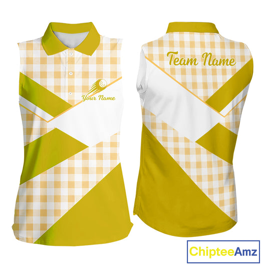 Custom Womens Sleeveless Yellow Gingham Plaid Golf Polo Shirts– Personalized Ladies Golf Apparel NHT717