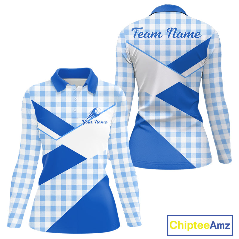 Custom Women’s Blue Gingham Plaid Golf Polo Shirts– Personalized Ladies Golf Apparel NHT718