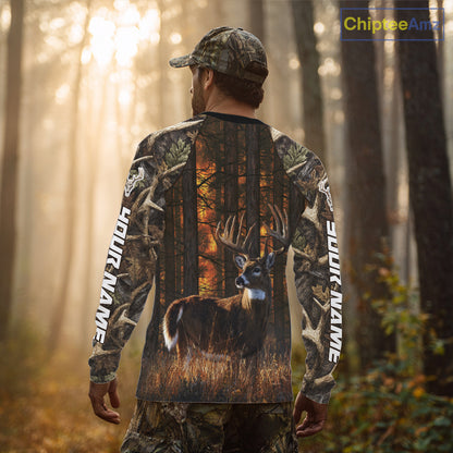 Whitetail Deer Hunting Custom Name All Over Print Shirts Big Buck Forest Camo Hunter Outdoor Gift NHT1365