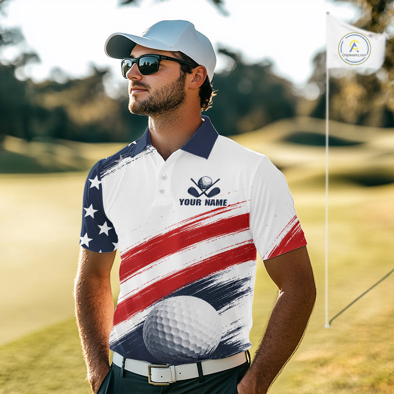 Custom USA Flag Mens Golf Polo Shirt – Patriotic Golf Polo With Personalized Name 