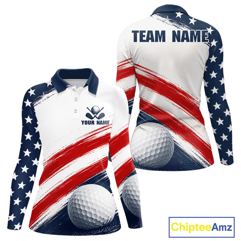 Custom USA Flag Womens Golf Polo Shirt – Patriotic Golf Polo With Personalized Name 