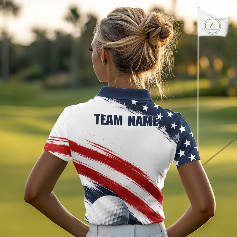 Custom USA Flag Womens Golf Polo Shirt – Patriotic Golf Polo With Personalized Name 