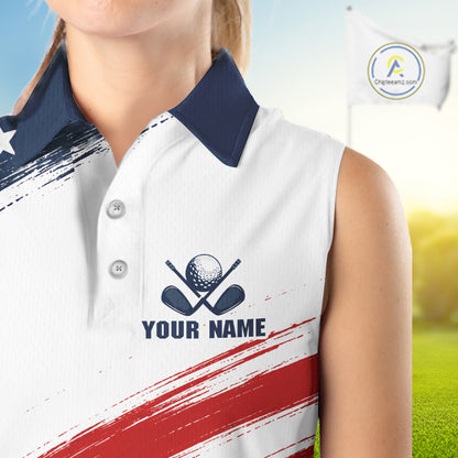 Custom USA Flag Womens Sleeveless Golf Polo Shirt – Patriotic Golf Polo With Personalized Name 