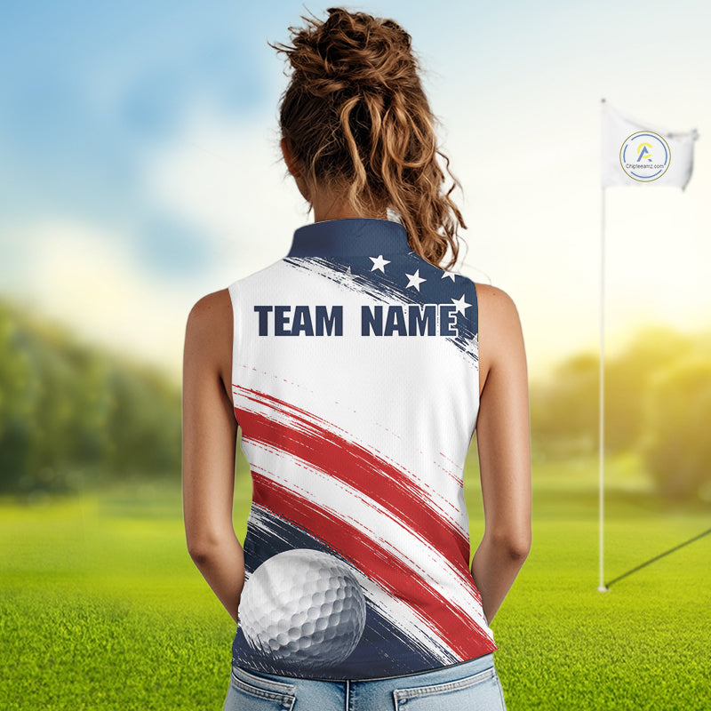 Custom USA Flag Womens Sleeveless Golf Polo Shirt – Patriotic Golf Polo With Personalized Name 