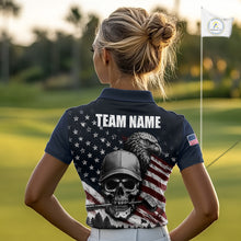 Load image into Gallery viewer, Personalized Skull Eagle Womens Golf Polo Shirt American Flag Patriotic Golf Shirt Custom Name 