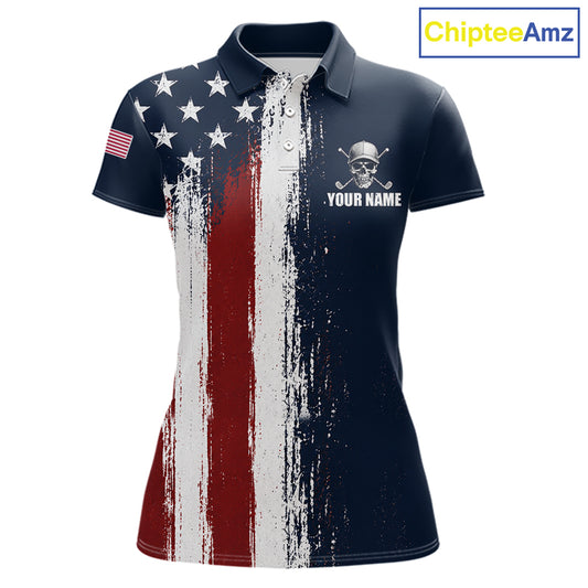 Personalized Skull Eagle Womens Golf Polo Shirt American Flag Patriotic Golf Shirt Custom Name 