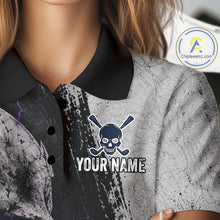 Load image into Gallery viewer, Gray polo shirt with skull and crossbones design and 'Your Name' text on a mannequin.