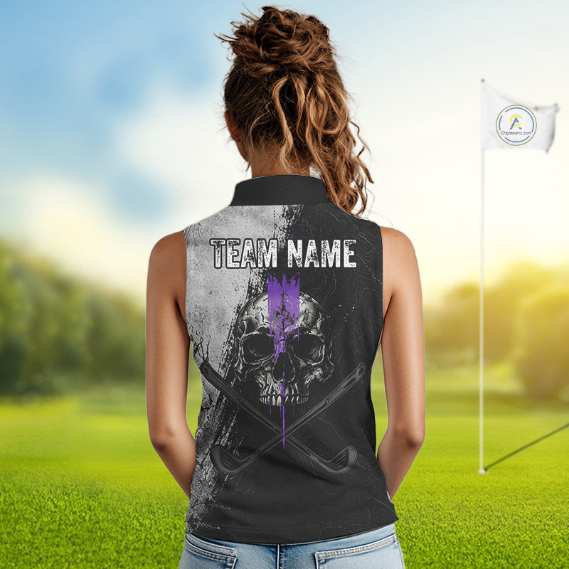 Personalized Skull Womens Sleeveless Golf Polo Shirt Purple Lightning Custom Team Name Golf Shirt 