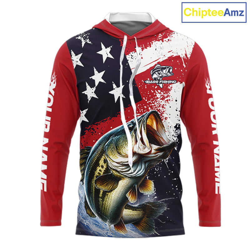 Personalized Bass Fishing Jerseys, Custom American Flag Bass Fishing Shirts Long Sleeve NHT414