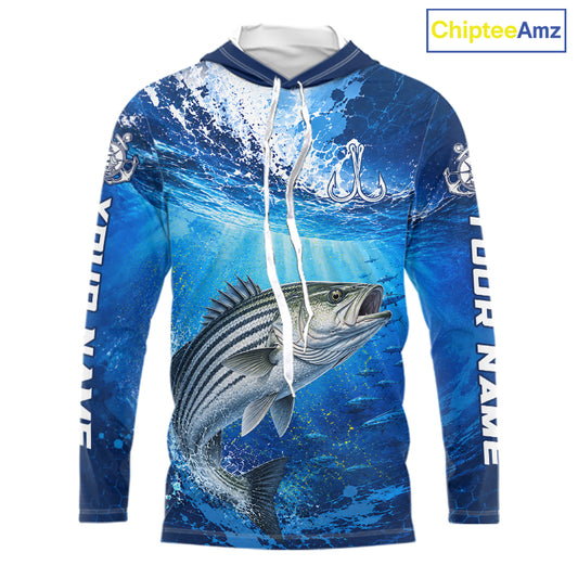 Striped Bass Fishing Jersey Ocean Blue 3D All Over Print Long Sleeve Hooded Performance Shirt NHT1084