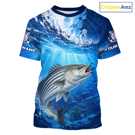Striped Bass Short Sleeve T-Shirt Ocean Blue 3D All Over Print Performance Shirt 