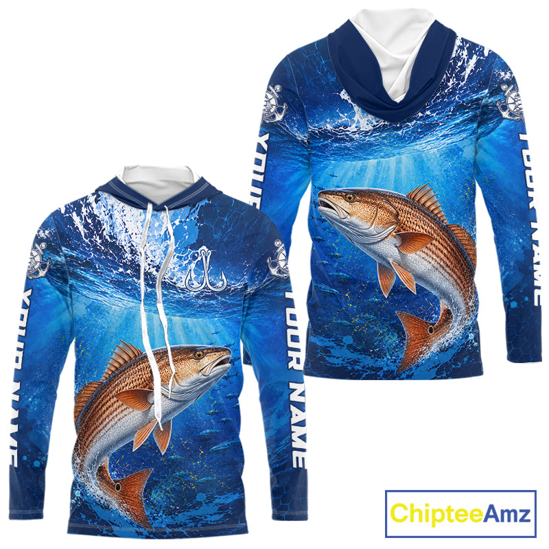 Redfish (Red Drum) Fishing Jersey Ocean Blue 3D All Over Print Long Sleeve Hooded Performance Shirt NHT1086