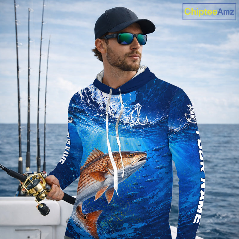 Redfish (Red Drum) Fishing Jersey Ocean Blue 3D All Over Print Long Sleeve Hooded Performance Shirt NHT1086