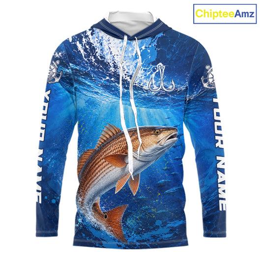 Redfish (Red Drum) Fishing Jersey Ocean Blue 3D All Over Print Long Sleeve Hooded Performance Shirt NHT1086