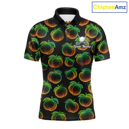 Funny Neon Colorful Peach In Dark Golf Men's Polo Shirt, Funny Fruit Pattern Polo Top NHT578
