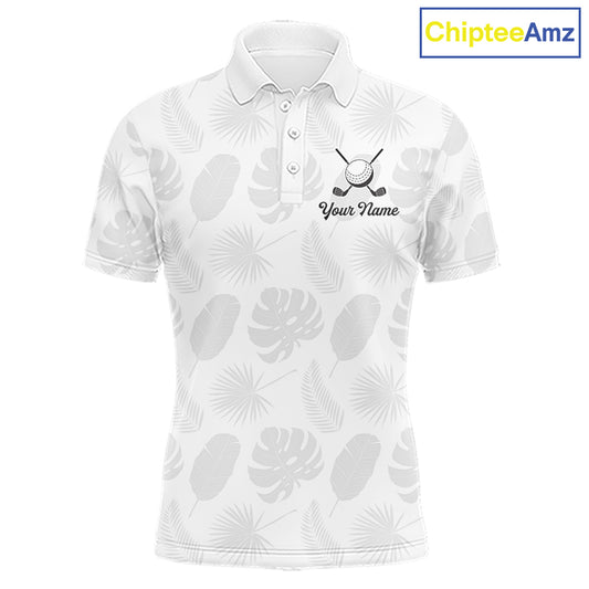 Mens Golf Polo Shirts Custom Gray Tropical Leaves Golf Shirts, Best Mens Golf Wears NHT783