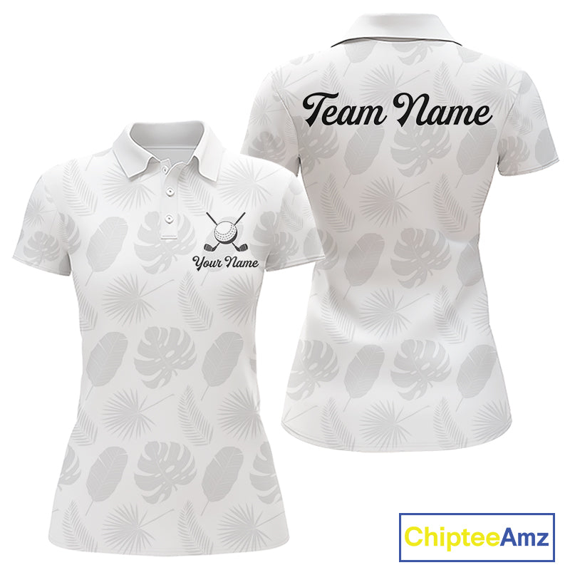 Womens Golf Polo Shirts Custom Gray Tropical Leaves Golf Shirts, Best Mens Golf Wears NHT783