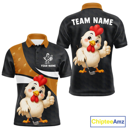 Funny chicken men golf polo shirt with rooster golfer design and custom name