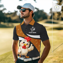 Load image into Gallery viewer, Funny chicken men’s golf polo shirt with rooster golfer design and custom name