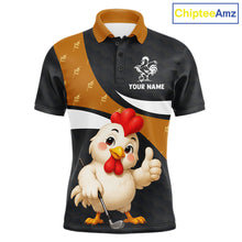 Load image into Gallery viewer, Funny chicken men’s golf polo shirt with rooster golfer design and custom name