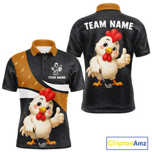Load image into Gallery viewer, Funny chicken men’s golf polo shirt with rooster golfer design and custom name