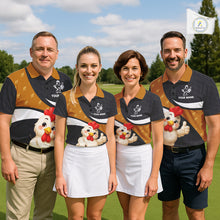 Load image into Gallery viewer, Funny chicken men’s golf polo shirt with rooster golfer design and custom name