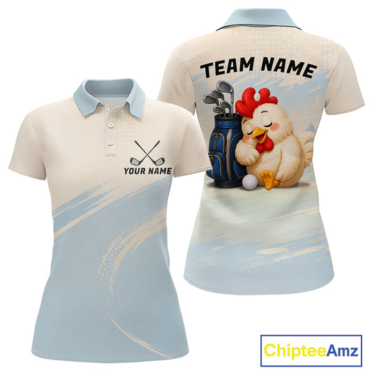 Funny Chicken Golf Polo Shirt for Womens  Personalized Custom Name Blue Golf Polo