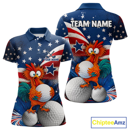 Custom short-sleeve polo shirt shown from the front and back, featuring a patriotic American flag design with white stars, red and white stripes, and a cartoon orange rooster holding golf balls. The front has placeholder text 'YOUR NAME' and 'TEAM NAME' on the back.